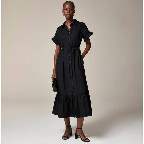 J. Crew | Dresses | Jcrew Amelia Maxi Shirtdress Cotton Poplin Black Ruffle  Pockets Relaxed M Nwt | Poshmark